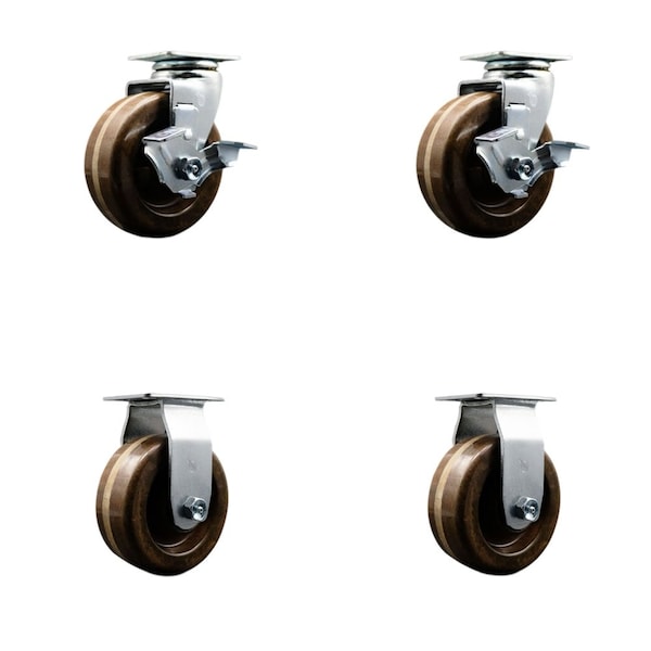 4'' High Temp Phenolic Caster Set with Bronze Bearings 2 Brakes 2 Rigid, 4PK